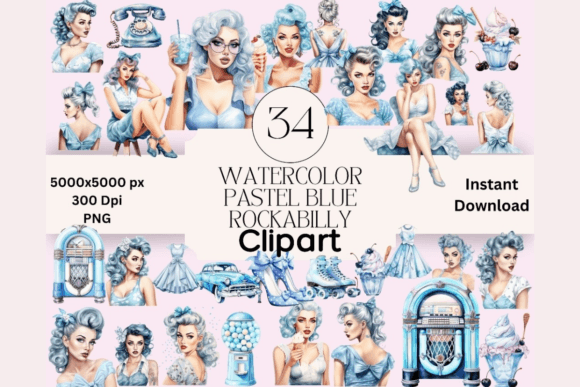 Blue Rockabilly Girl Clipart: A Creative Resource for Vintage-Inspired Design