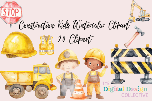 Construction Kids Watercolor Clipart Set