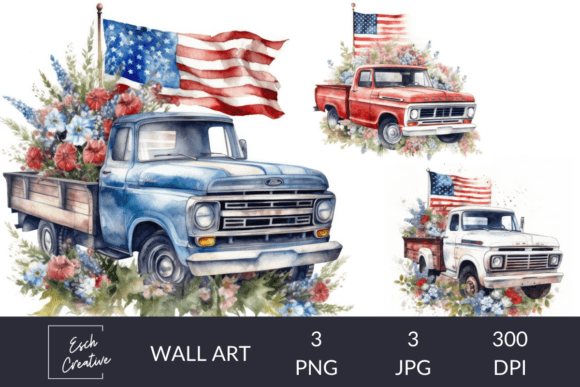 Transform Your Space with 4th of July Retro Trucks Floral Wall Art
